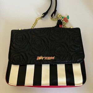Betsey Johnson Black & White Stripe Crossbody Purse Red Accent & Charm- Vtg READ